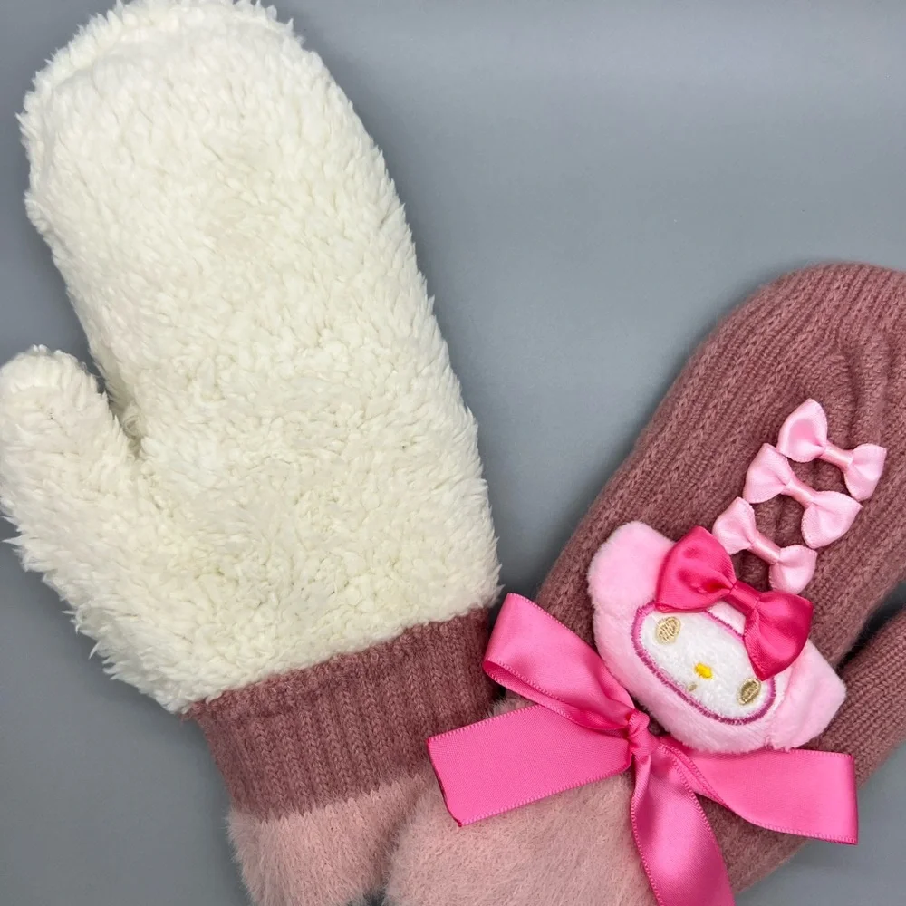 My Melody Sanrio Character • Plush Knit Mittens Gloves • Kawaii Bows Embellished